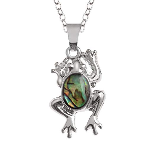 Kiara Jewellery Collier avec pendentif grenouille incrusté de nacre d'ormeau naturel vert sur chaîne de 45,7 cm Plaqué rhodium argenté qui ne ternit pas