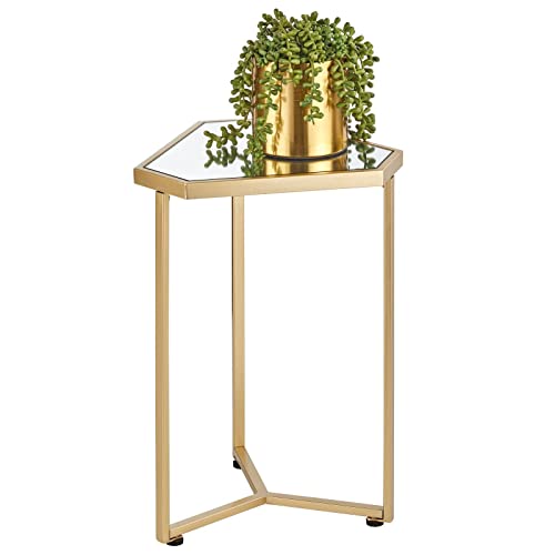 Mdesign Triangle Metal & Mirror In-Lay Accent Table - Small Side/End/Drink Table - Decorative Legs, Mirror Top - Home Decor Accent Furniture For Living Room, Bedroom- Soft Brass/Mirror #TOP6