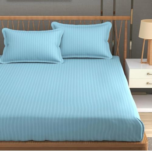 Image of Single Bedsheet Set with Pillow Cover | 200 TC Stripe Glace Cotton Bedding | Soft, Breathable & Durable Single Bed Sheet | Elegant Aqua Blue Striped Design
