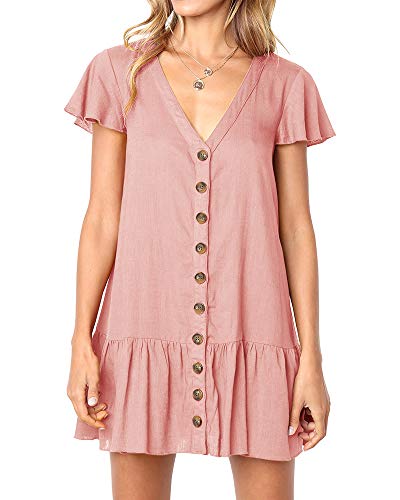 Image of Imysty Womens Polka Dot V Neck Button Down Ruffles Loose Mini Short T-Shirt Dress