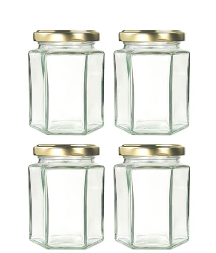 Image of Favola Essentials Hexagonal Lug Glass Jar, Gold Lid, 250 ml, Set of 4, Clear