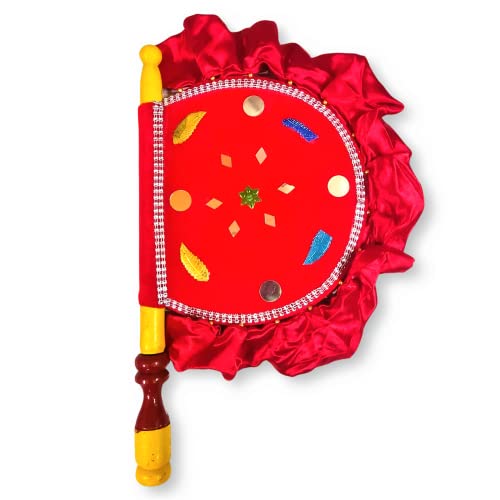 Image of Wooden Handcrafted Hand Fan /Beejna Pankha with Valvet Cloth, Royal /Punjabi Hand-Fan with Wooden Handle for Home Decor & Travel use - Red