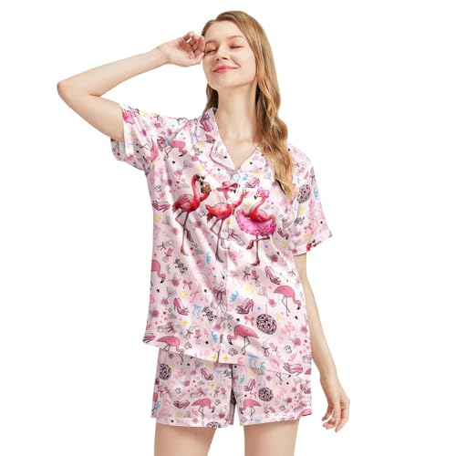 Image of Funny Satin Pajamas Set for Women Button Down Sleepwear Print Pjs Set 2 Piece Short Sleeve Loungewear Gift for Women