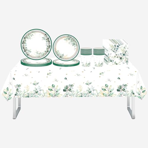 Sage Green Party Tableware Set,69Pcs Eucalyptus Leaf Plastic Table Cloth,Paper Plates,Napkins and Cups for Birthday Baby Shower Boho Wedding Engagement Baptism Sage Green Party Supplies Decorations