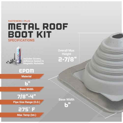 Image of Fasteners Plus #2 Square EPDM Metal Roof Pipe Flashing Boot with Complete Install Kit (Fits 7 /8 inch - 4 inch Pipe OD), Gray