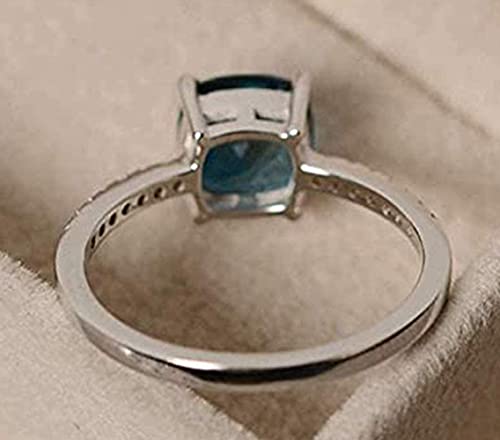 Koguxuix 14k White Gold Plated Sterling Silver Peacock Blue Topaz Square Diamond Ring Gemstone Ring Aquamarine Gemstone Wedding Bridal Band Ring for Women (7)4