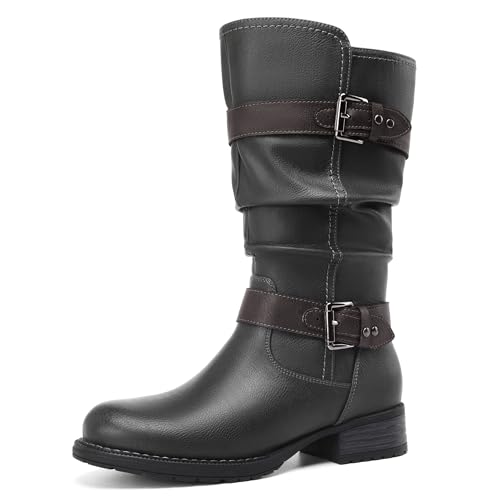 DECARSDZ Women's Fashion Mid Calf Grey Boots For Women Dress Boot With Chunky Low Heel Style Zipper Comfort Booties