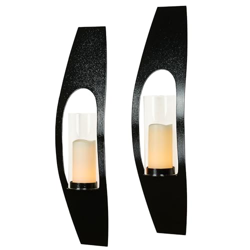 Candela Steel Metal Wall Sconce Pair | Black | Set of Two | Contemporary Candle Holder with Included Hurricane Style Glass