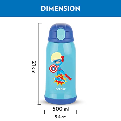 Image of Borosil Superhero 500 ml Stainless Steel Kids Sipper Water Bottle | Double Wall Vacuum Insulated Flask | 12 Hours Hot & Cold | Leakproof, BPA Free | 1 Year Warranty, Blue