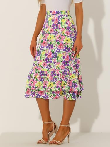 Image of Allegra K Women's Printed Skirt 2025 Weekend Trendy Summer Chiffon Ruffle Tiered Flowy Midi Skirts