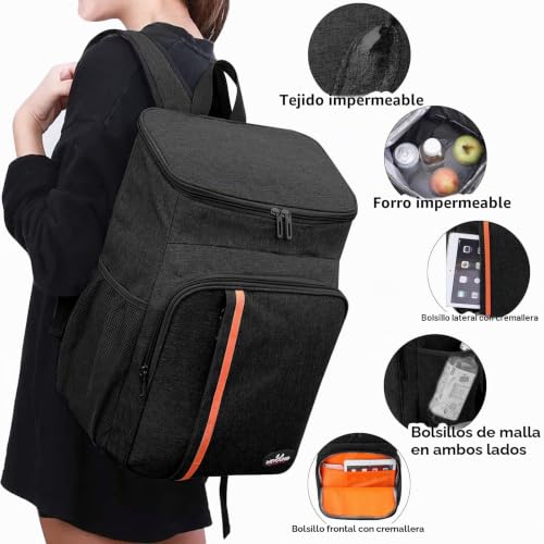 Miniatura 4 de Mochila Térmica De 23 L, Con Aislamiento, Bolsa Térmica Para Exteriores, Resistente Al Agua, Bolsa Térmica Multifunción Para Camping, Senderismo, Viajes, Color Negro