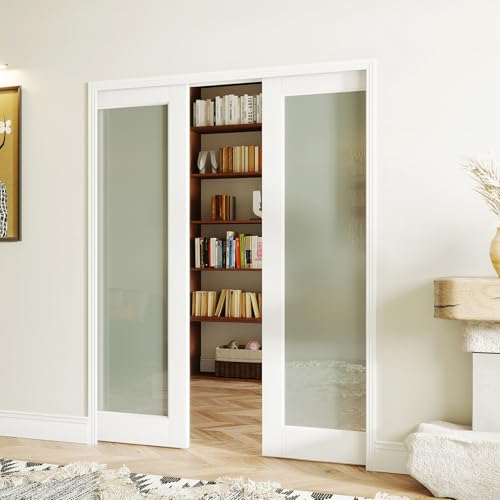 Image of 24 inch x 80 inch Sliding Pocket Door Kit, 1 Lite Frosted Glass Pantry Door with Panel and Frame, Interior & Closet Single Finished Door Slab, Interior Sliding Doors, White Primed