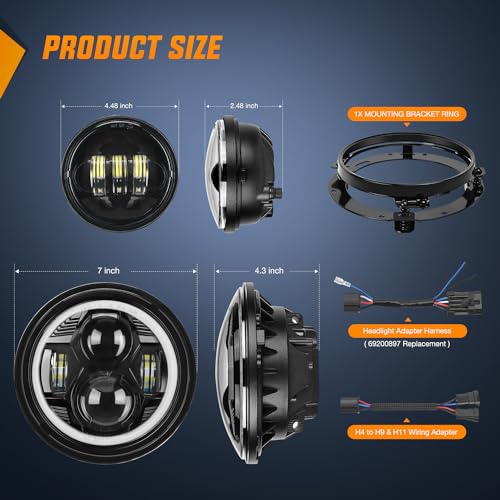 Image of Nilight 7 Inch Motorcycle LED Headlight 4.5 inch Fog Lights Halo Turn Signal DOT Compatible with Harley Davidson Electra Street Glide Fat Boy Road King Heritage Softail CVO, Black