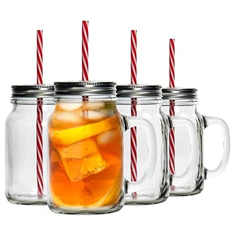 4X 620ml Glass Drinking Mason Jars with Lid and Reusable Straw - Mason Style Jam Jar Cocktail Glasses with Handle - by Rink Drink Cover