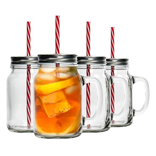 Rink Drink Bocaux Mason avec couvercles et paille réutilisable - Lot de 4 - Pots à boire en verre de 620 mls et couvercle à visser pour avoine de nuit,...