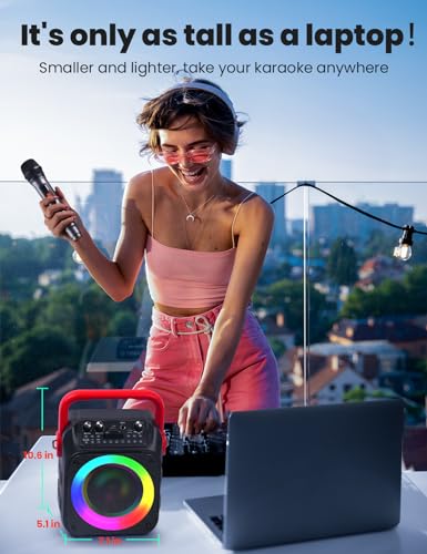 Karaoke Machine with Two Wireless Microphones, Portable Karaoke Machine for Adults & Kids, Portable Bluetooth Speaker with PA System, LED Lights, Supports TF Card/USB, AUX in, FM, USB,TWS (Red)