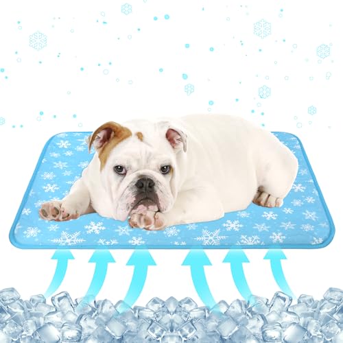 DELIFUR Cat Cooling Mat- Pet Cooling Mat Outdoor for Dogs Self Cooling Pad for Kitten Cat Puppy Machine Washable (Medium, Blue Snowflake)