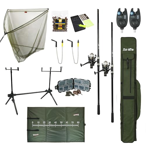 FISH-XPRO Juego de carpas Mega - 2 Cañas de pescar, Molinos, Detectores de remolacha, Swingers, Rodpod, Foudraal y Más! Asequible y completo! Mega Carpa Juego de Pesca - La pesca de la carpa nunca ha