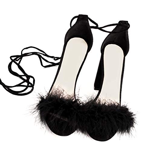 Richealnana Women's Fuzzy Cozy Strappy Open Toe Dress Artificial Feather Heeled Sandals2