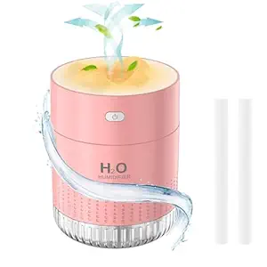 HOTLIFE Portable Mini Humidifier, Small Cool Mist Plant Humidifiers, Rechargeable Personal Desktop Humidifier for Bedroom, Office, Nursery, Travel with Night Light,Auto Shut-Off,3 Filter(350ml, Pink)