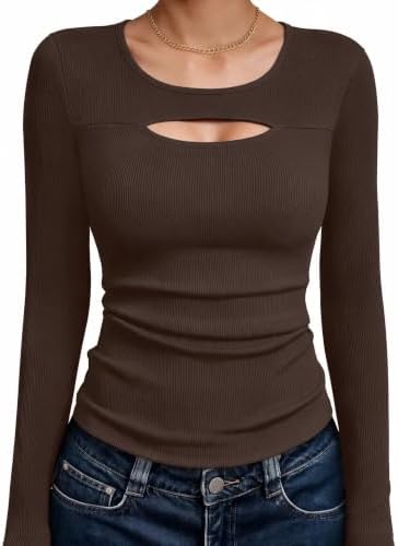 Aottori Langarmshirt Damen Cut Out Rundhals Gerippt Stretch | Oberteile, Elegant, Pullover, Slim Fit, Basic Tops, Sexy, Casual, Einfarbig, Alltag, Frühling, Herbst