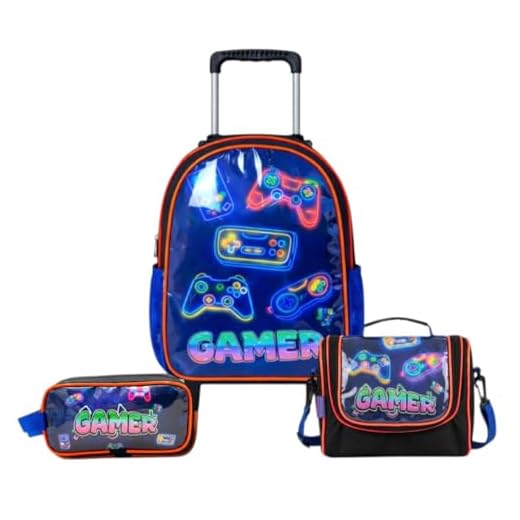 Kit Mochila de Rodinha Escolar Gamer Infantil Masculino + Lancheira Transversal + Estojo Duplo Menino