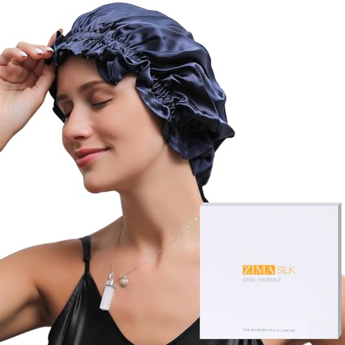 Image of ZIMASILK 100% Mulberry Silk Bonnet for Women Hair Care, Double-Layer Silk Shower Cap, Natural Hair Wrap for Sleeping with Elastic Stay On Head (1Pc, Navy Blue)