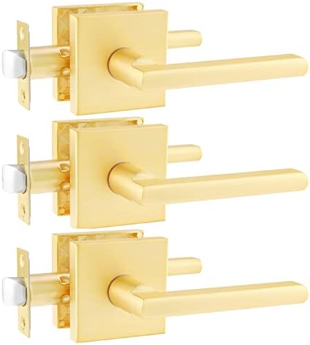 Heittis 3 Pack Satin Brass Passage Door Levers Square Hall Closet Handles, Heavy Duty Interior Non-Locking Lever Sets, Reversible for Right & Left Side