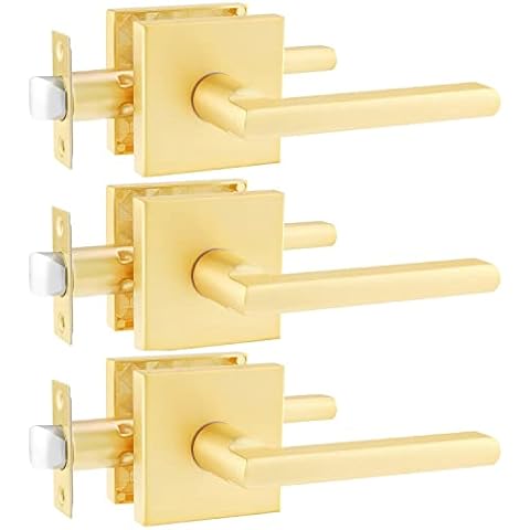 Heittis 3 Pack Satin Brass Passage Door Levers Square Hall Closet Handles, Heavy Duty Interior Non-Locking Lever Sets, Reversible for Right & Left Side Cover