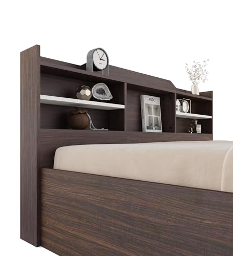 Image of Viggo Queen Bed with Box Storage | Engineered Wood | Choco Walnut Finish | Headboard Storage | Sturdy & Elegant | Knock-Down Assembly | 36-Months Warranty