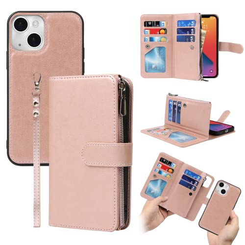 ELTEKER Case for iPhone 13 Wallet Case,2 in 1 Detachable Premium Leather Card Holder Cash Pocket Kickstand Magnetic Handstrap Wallet Case with Zipper for iPhone 13-Rose Gold by ELTEKER - Used condition - CA$6.71