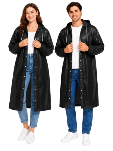 Image of Hooded Waterproof Men's & Women's Raincoat, Lightweight Long Rain Jacket, Button Front, Windproof Outdoor Rainwear | Free Size |