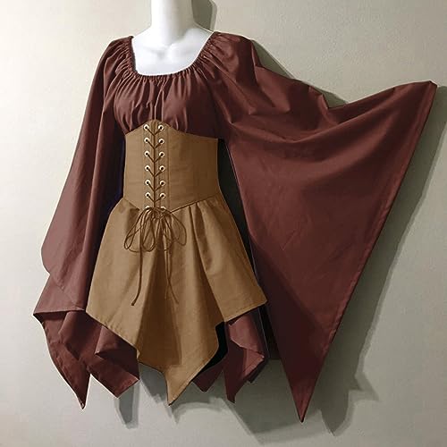 Robe médiévale avec corset réglable costume d'Halloween marron