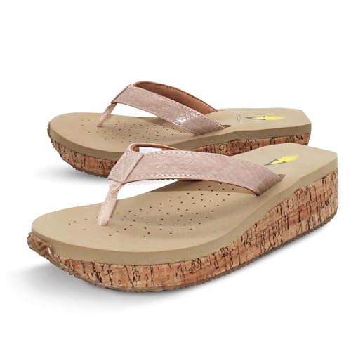 Image of Volatile Neville Wedge Sandals for Women Featuring Soft Webbed Textile Thong Post, Padded Lining, and Slip-On Wedge Style