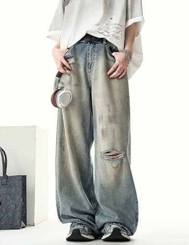 Men Baggy Jeans Y2k Straight Leg Ripped Jeans Vintage Boyfriends Distressed Jeans Wide Leg Denim Skater Pants2