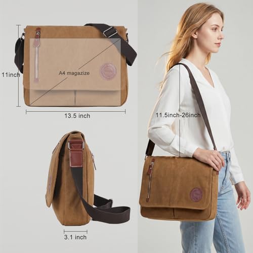 Image of Vintage Canvas Satchel Messenger Bag for Men Women,Travel Shoulder Bag 13.5 inch Laptop Bags Bookbag (Coffee)