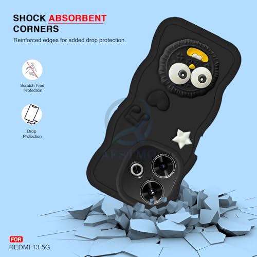 Image of AESTMO Back Case Cover for Redmi 13 5G | 3D Cute Fun Cartoon Characters | Anti Slip Grip Cute Wave Curly Frame Shape | Full Body Protection | Camera Protection Back Cover for Redmi 13 5G (Black)