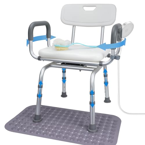 ANNOYTOOLS Silla de ducha para personas mayores, giratoria 360°, 150 kg, silla de ducha con reposabrazos y respaldo con alfombrilla de baño antideslizante, altura ajustable