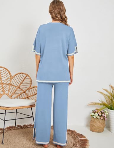Image of Tanming Sweater Sets Women 2 Piece Lounge Sets Short Sleeve Knit Pullover Tops Wide Leg Pants
