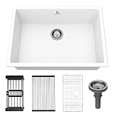 GABETLET Quartz Kitchen Sink, 23 Inch White Undermount Kitchen Sinks, Deep Single Bowl Granite Composite Sink, Modern Sinks Providing Complete Accessories, Spacious Workspace and Easy Cleaning