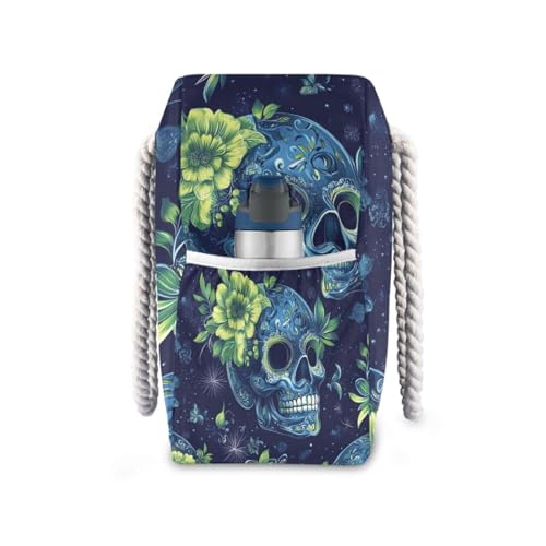 Green Skulls Boho Shining Bag With Zipper Waterproof Sandproof with side pockets Large Bags And Totes for Pool Gym Grocery Travel3