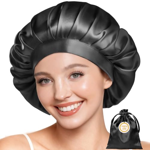 Kaome Berretto da Notte in Seta 22 Momme 100% Seta di Gelso, Berretto per Capelli Regolabile Doppia Faccia, Per Capelli Ricci e Lunghi, Morbido e Antiscivolo, Traspirante con Sacchetto (Nero)