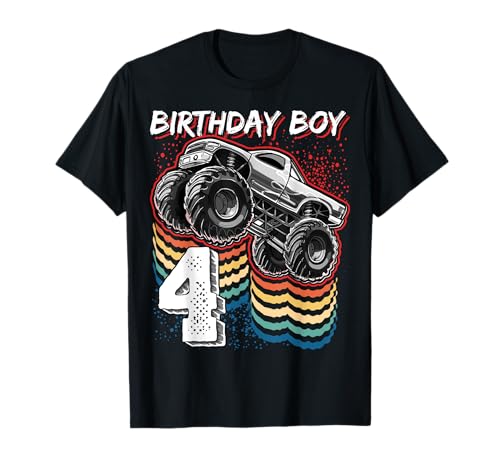 Birthday boy 4 monster truck 4° compleanno retrò vintage regalo maglietta