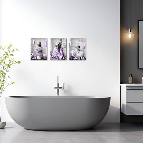 Image of sechars Funny Dogs Bathroom Wall Art Grey and Purple Bath Decor Cute Animal Painting Canvas Print (Purple)