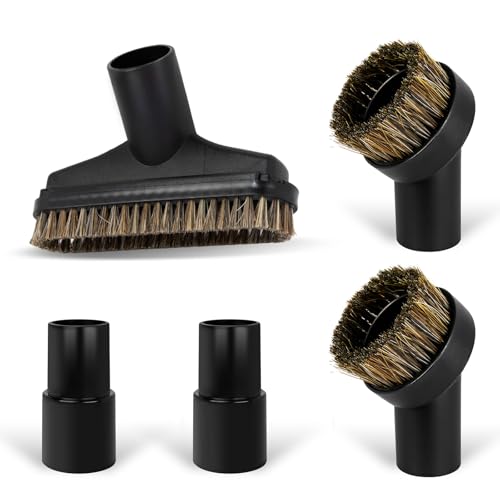 5PCS Horse Hair Brush Vacuum Attachment Set - Black Round Vacuum Attachments & Brushes - 5.9 In Long Floor Brush & Shop Vac Brush Attachment - 1 1/4" Vacuum Cleaner Adapter Included
