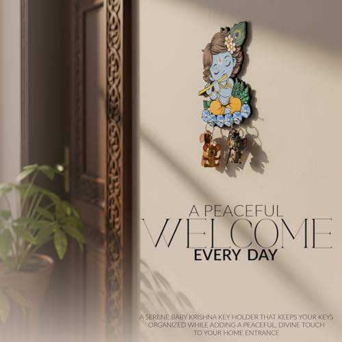 Image of Cute Krishna Wall-Mounted Key Holder, Decorative MDF Wood, 20x25 cm, 7 Hooks, Blue UV Printed Design, Decorative Wooden Key Stand - Home & Office