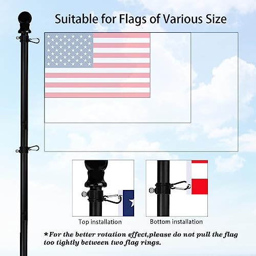 HOOSUN 6 FT Flag Pole Kit with 2 Rotating Rings and Flag Pole Clips,Flag Poles for Outside House,Black Stainless Steel Adjustable Pole for Commercial Or Residential - Thumbnail 3