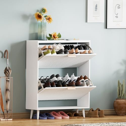 Image of Shoe Cabinet Storage,Modern Freestanding Organizer with 2 Flip Drawers,Narrow Shoe Rack Cabinet for Entryway,White