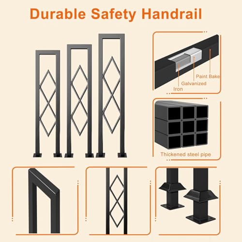 CQAEBK U-Shaped Stair Handrail, Black Wrought Iron Hand Rails Decorative Railing for Indoor Stairs, Porch Deck Loft Corridor Safety Non-Slip Support Poles, with Diamond Pattern (Black/3.3FT/100CM) by CQAEBK - Image 6