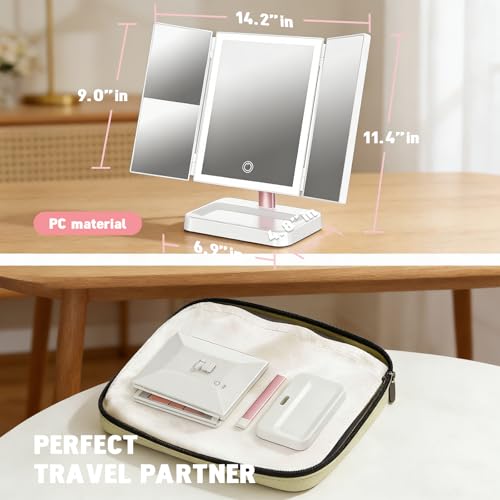 Image of MAYCREATE Tri-Fold LED Makeup Mirror, 90 Swivel Lighted Vanity Mirror with 2X /3X Magnification, 3-Color Dimmable Desk Makeup Mirror, Touch Button, 2400mAh USB Rechargeable Desktop Cosmetic Mirror